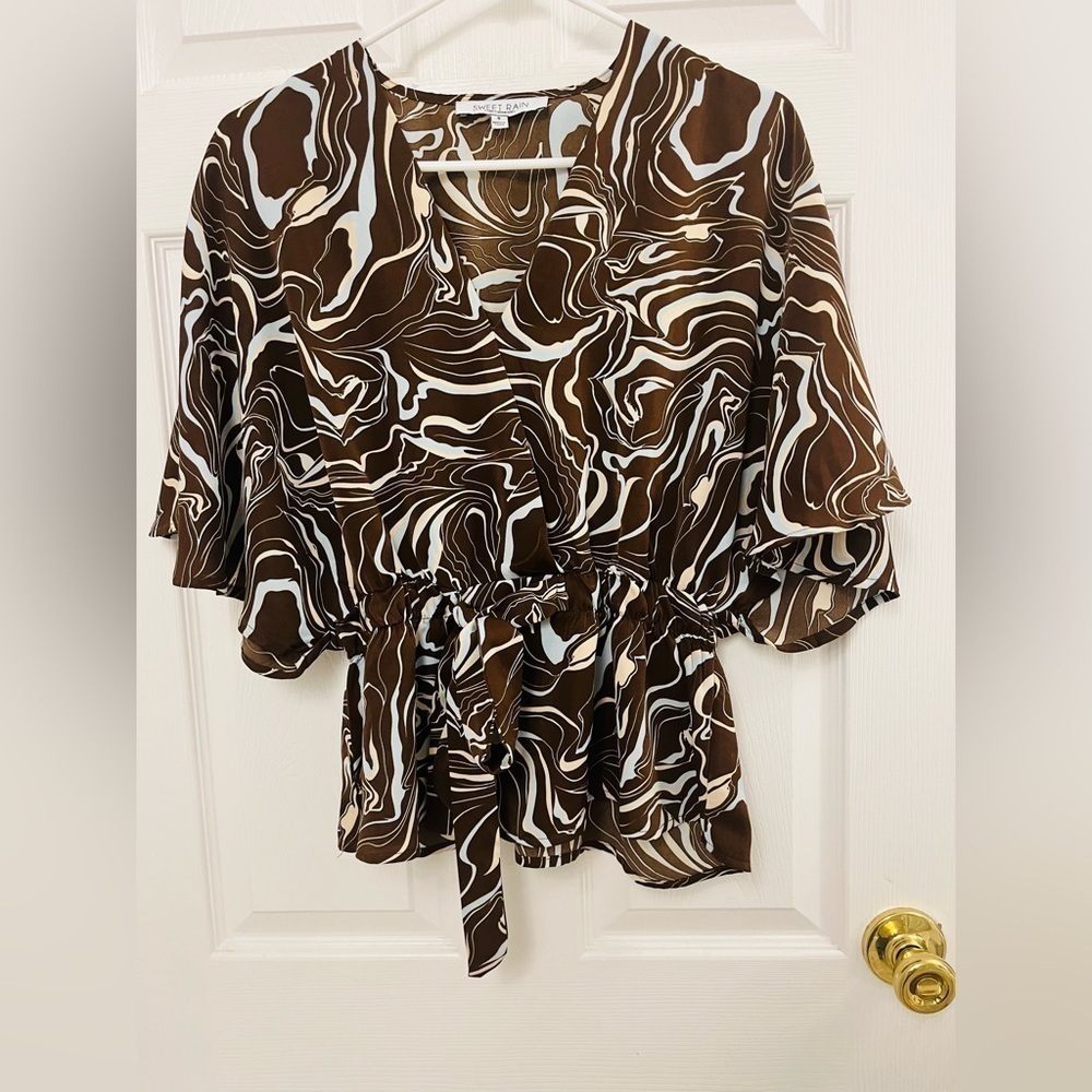 Sweet Rain Liquorish Scribble Print Top With Kimono Sleeves Brown - Picture 9 of 9